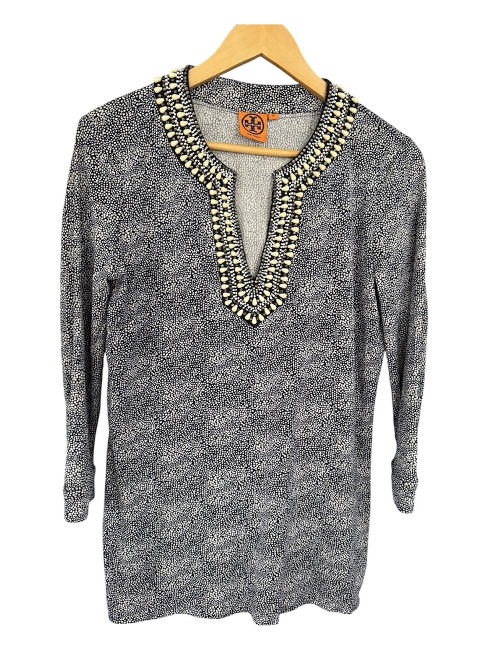 Tory Burch Women’s Blue White Silk Beaded Dot Print Blouse Tunic Top Size M